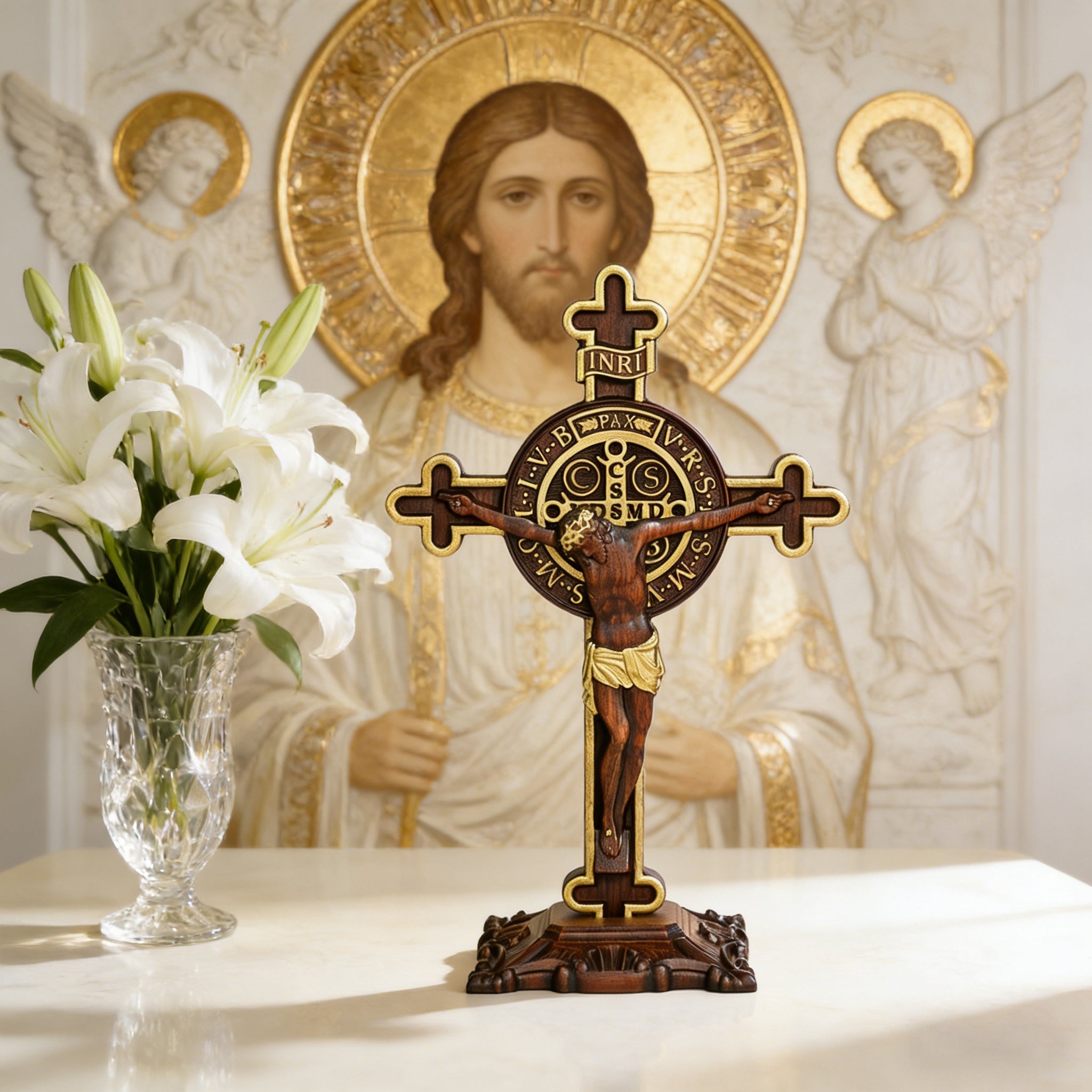 Saint Benedict Medal carved into wooden Christian cross