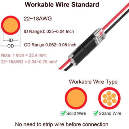 2-Pin Solderless Wire Connector – Compact Plug for LED Strips & 18–22 AWG Cables
