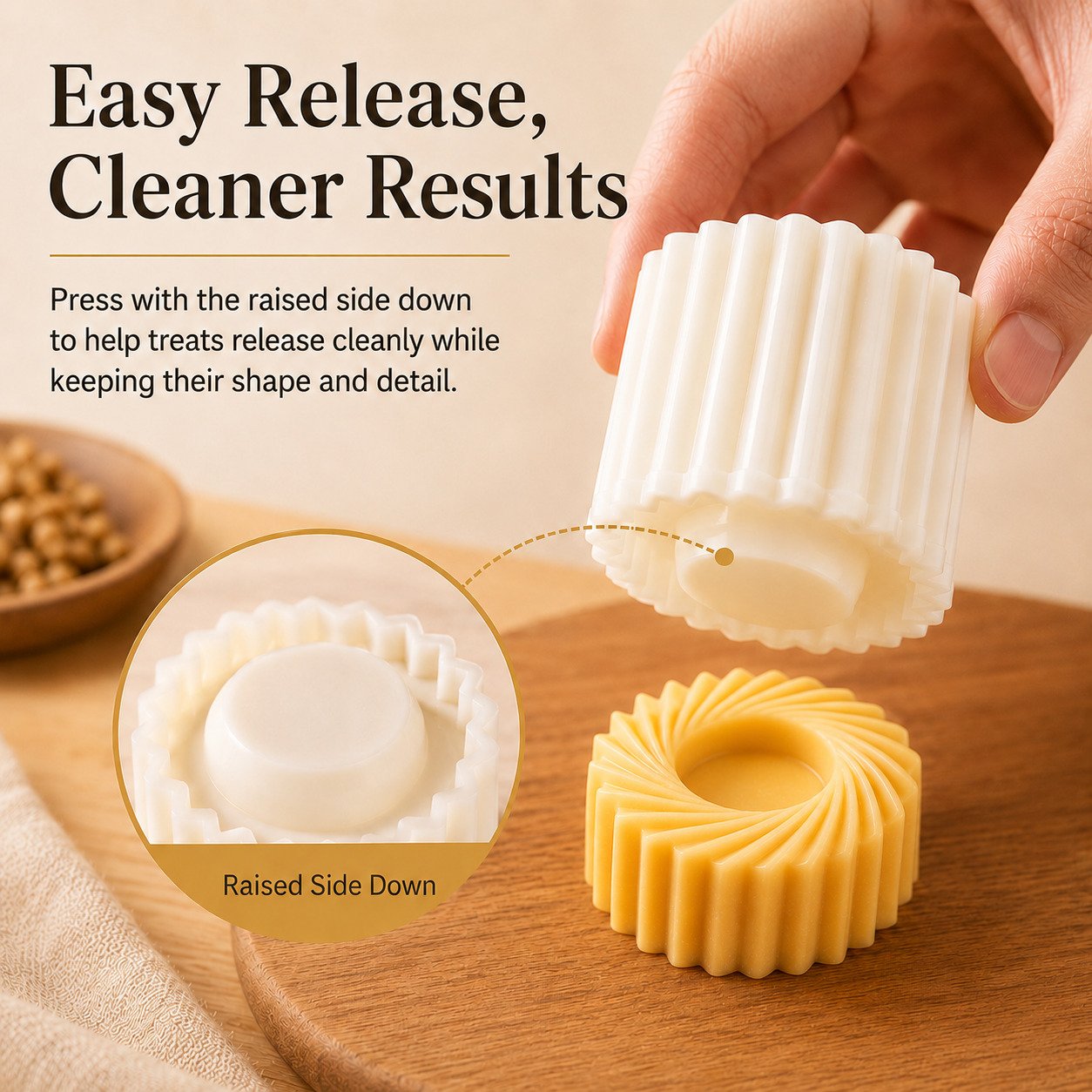Easy release pastry mold with raised side facing down Easy release pastry mold with raised side facing down