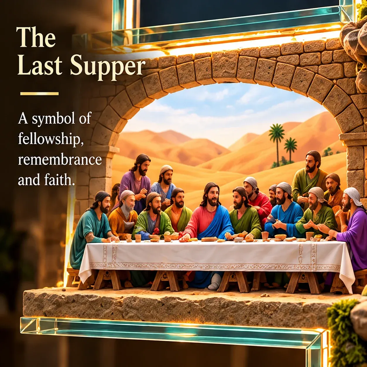 Warm illumination highlighting the biblical scenes