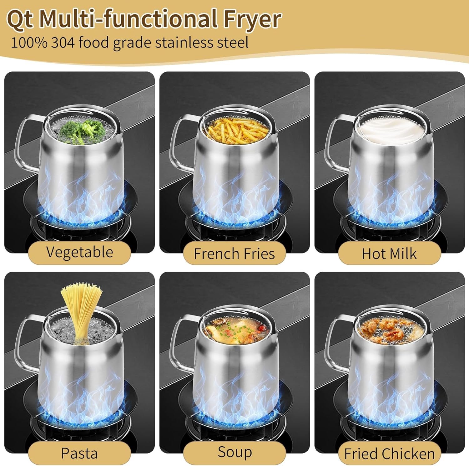 68oz Large Capacity Fryer Pot with Basket and Oil Strainer Design