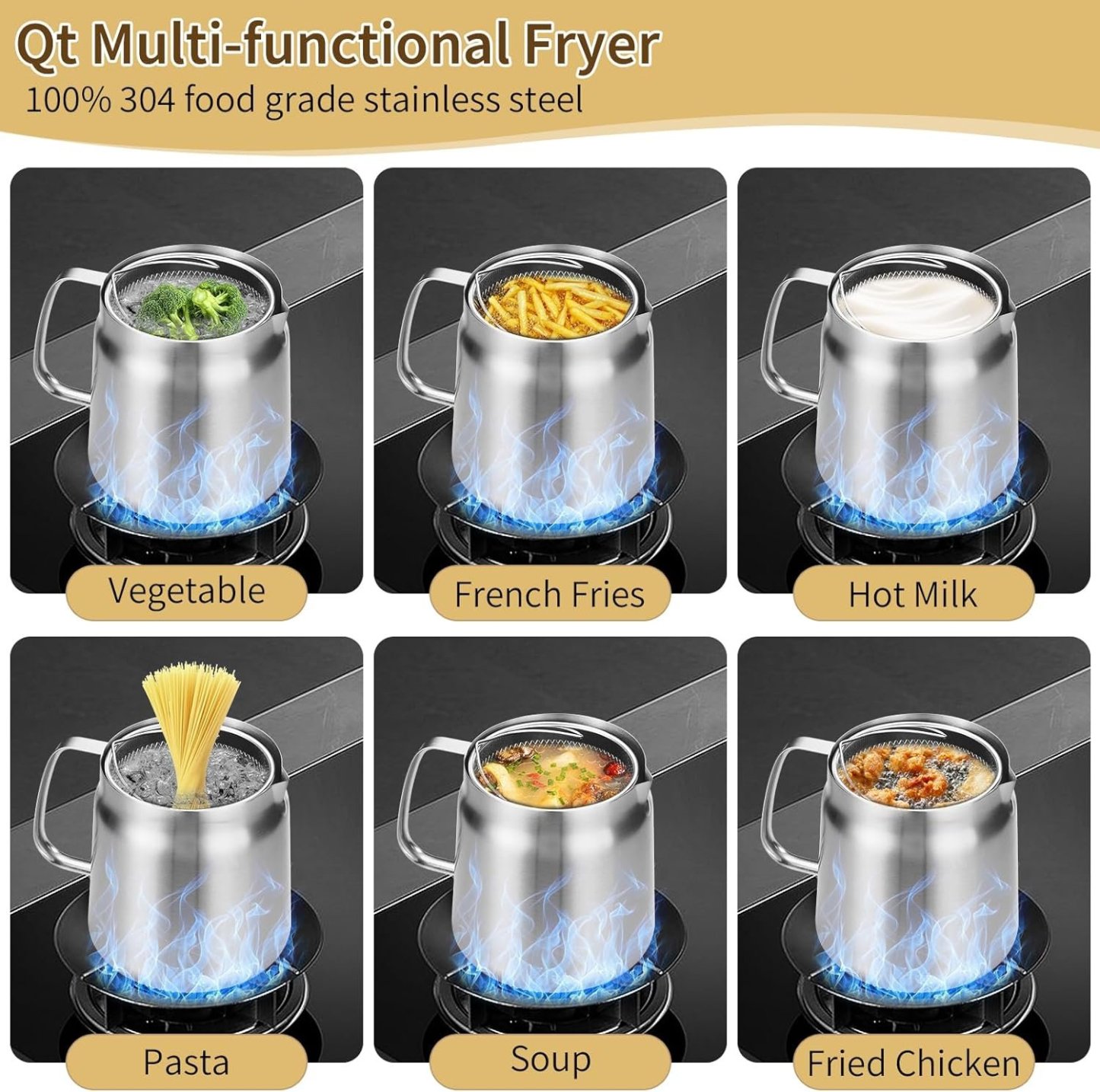 68oz Large Capacity Fryer Pot with Basket and Oil Strainer Design