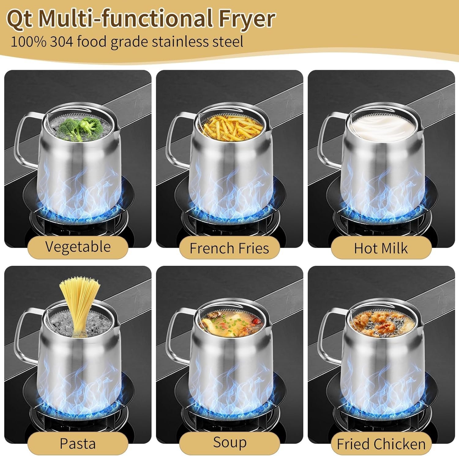 68oz Large Capacity Fryer Pot with Basket and Oil Strainer Design