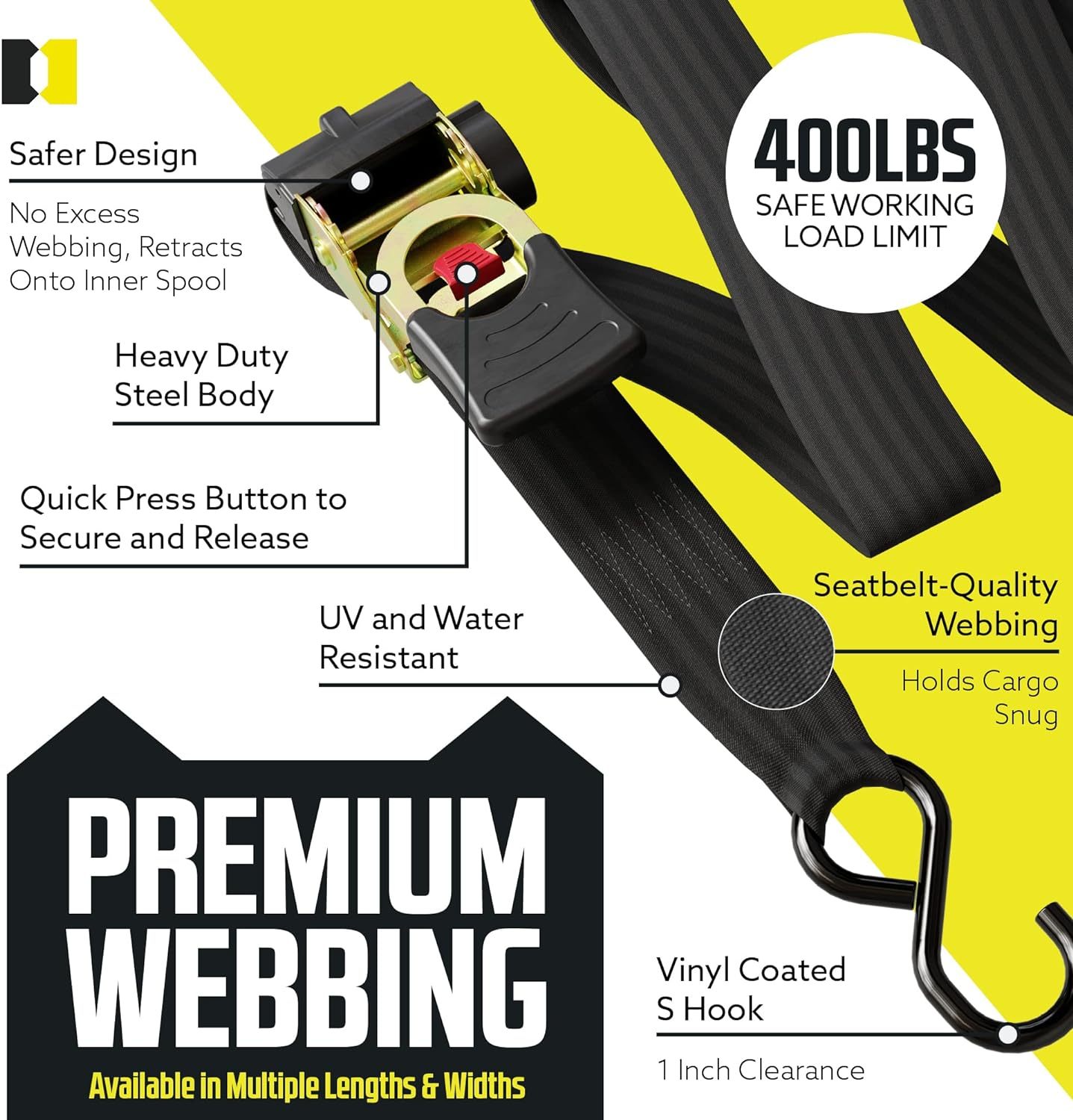 🔥Hot Sale-Auto Ratchet Strap Retractable Ratchet Tie-Down Straps