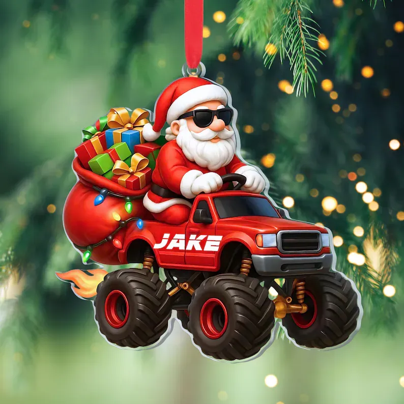 Santa Dinosaur | Santa Monster Truck Personalized Christmas Acrylic Ornament | Custom Name Kids Ornament Funny Santa Acrylic Decor, Gift for Kids