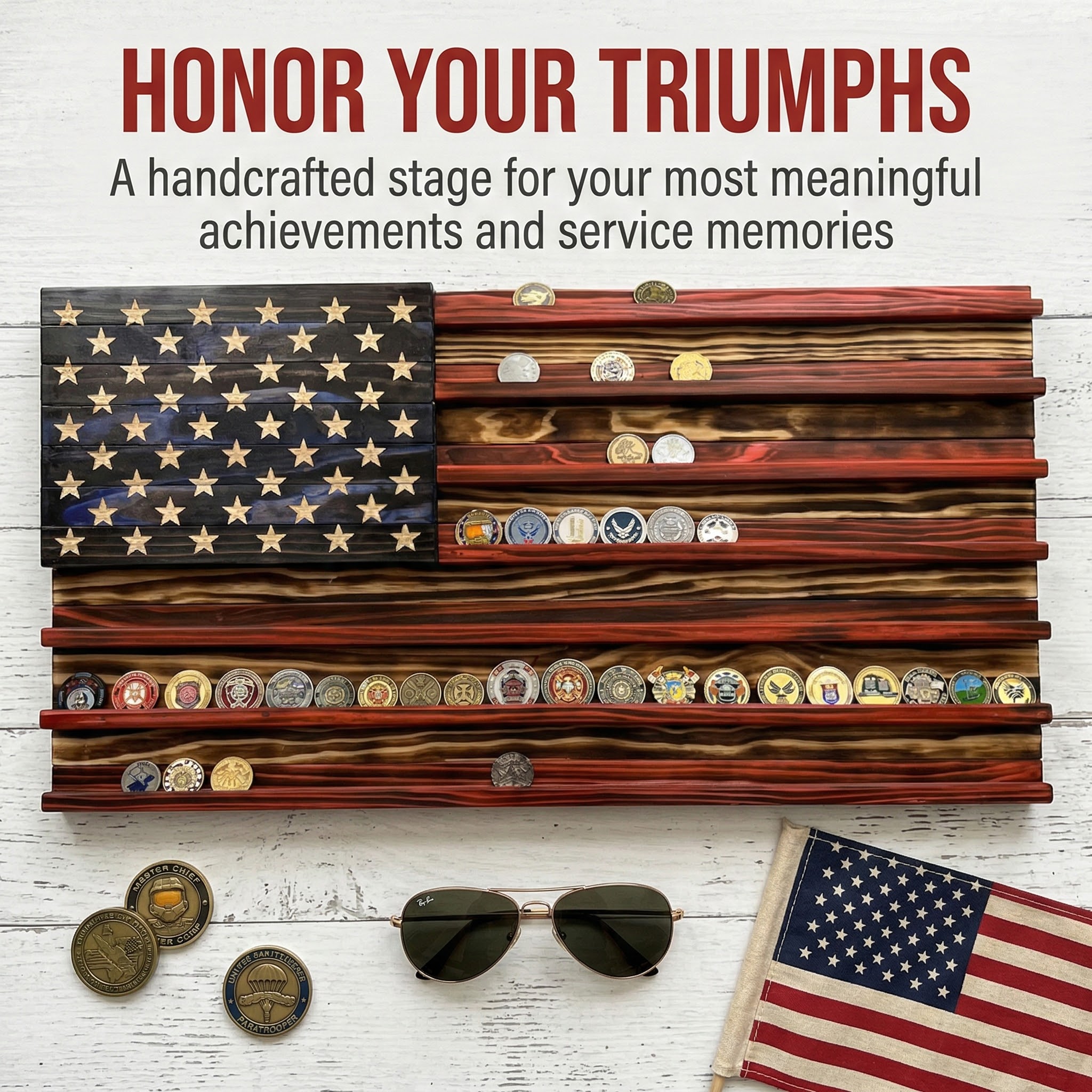 Challenge Coin Display Rack  Designed with an American Flag Motif