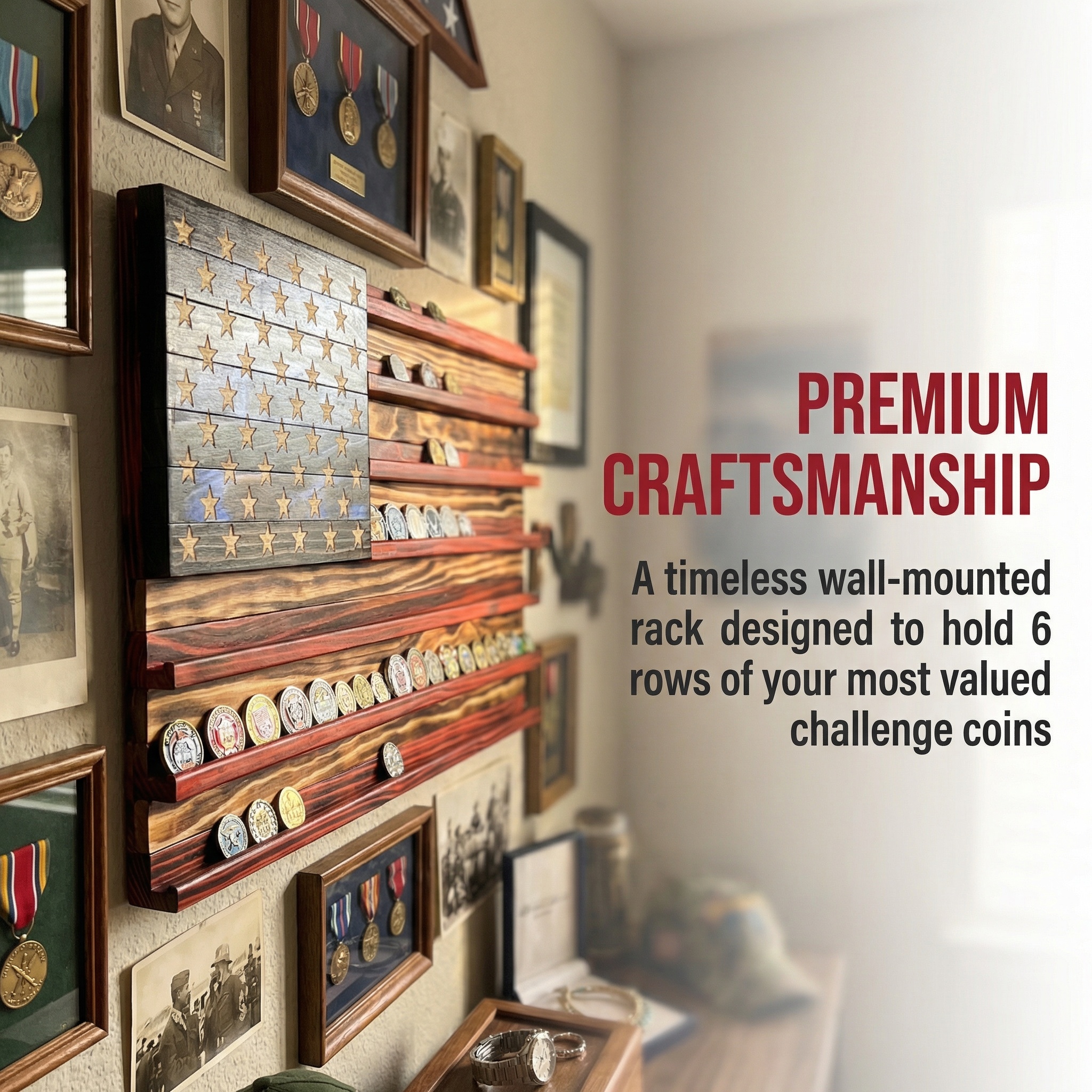 Challenge Coin Display Rack  Designed with an American Flag Motif