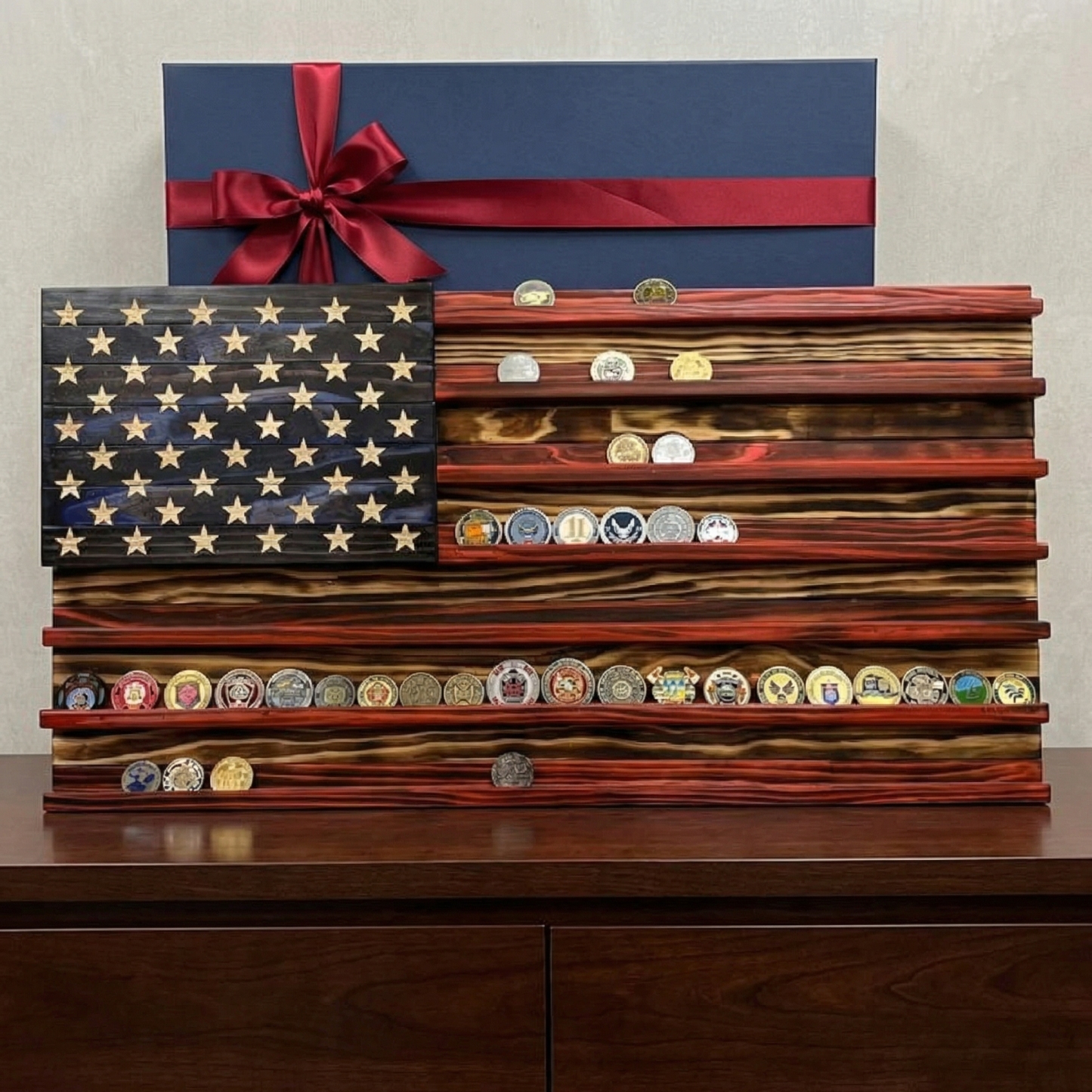 Challenge Coin Display Rack  Designed with an American Flag Motif