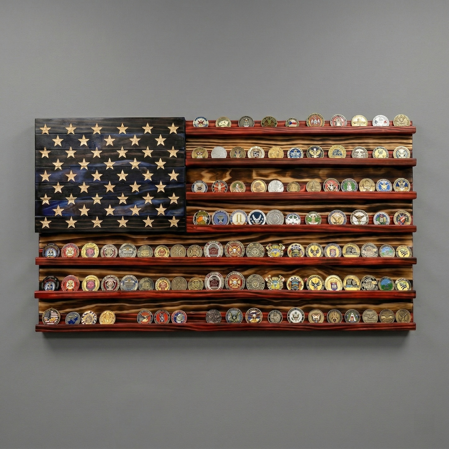 Challenge Coin Display Rack Designed with an American Flag Motif