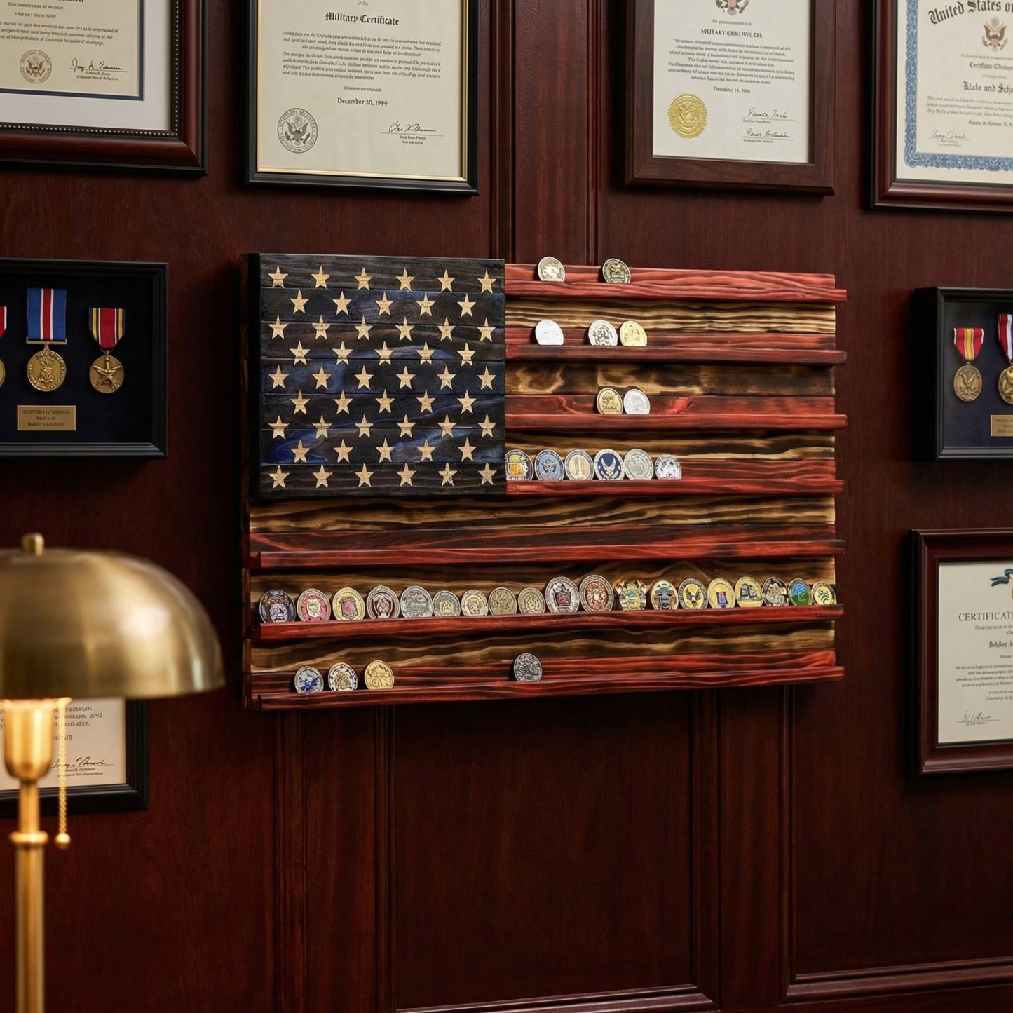 Challenge Coin Display Rack  Designed with an American Flag Motif