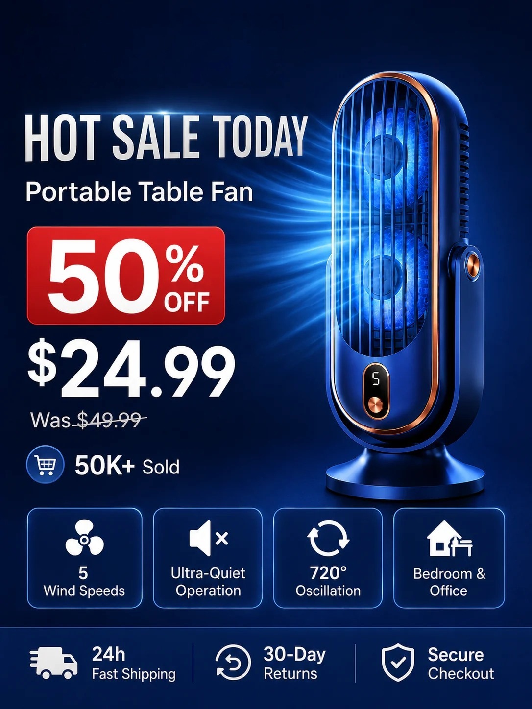 🥳2026 HOT SALE🥳💞50K+ SOLD!💨🌙 50% OFF! Portable Table Fan – 5 speeds, ultra‑quiet, gentle breeze. Perfect for bedroom or office. Stay cool without noise! 😴✨