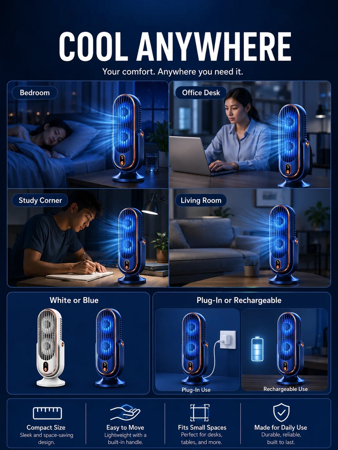 🥳2026 HOT SALE🥳💞50K+ SOLD!💨🌙 50% OFF! Portable Table Fan – 5 speeds, ultra‑quiet, gentle breeze. Perfect for bedroom or office. Stay cool without noise! 😴✨