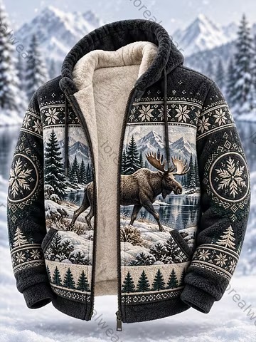 Men's Nordic Forest Animals Fleece-Lined Hooded Jacket