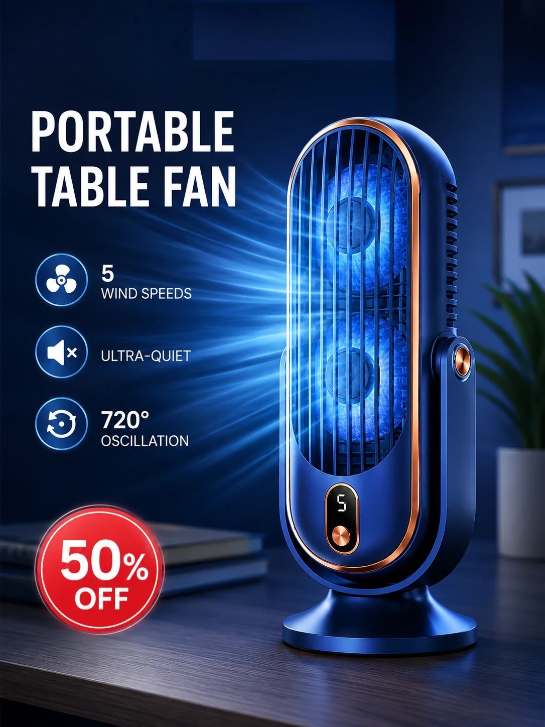 🥳2026 HOT SALE🥳💞50K+ SOLD!💨🌙 50% OFF! Portable Table Fan – 5 speeds, ultra‑quiet, gentle breeze. Perfect for bedroom or office. Stay cool without noise! 😴✨