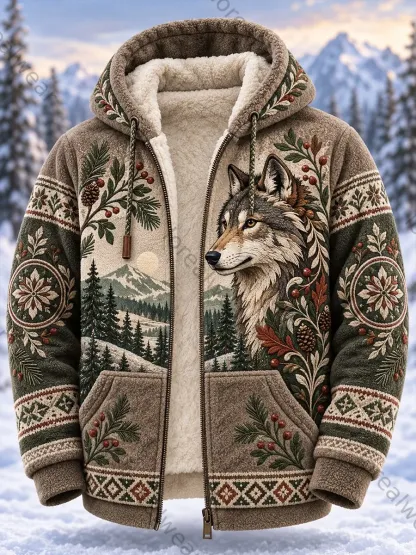 Men's Nordic Forest Animals Fleece-Lined Hooded Jacket