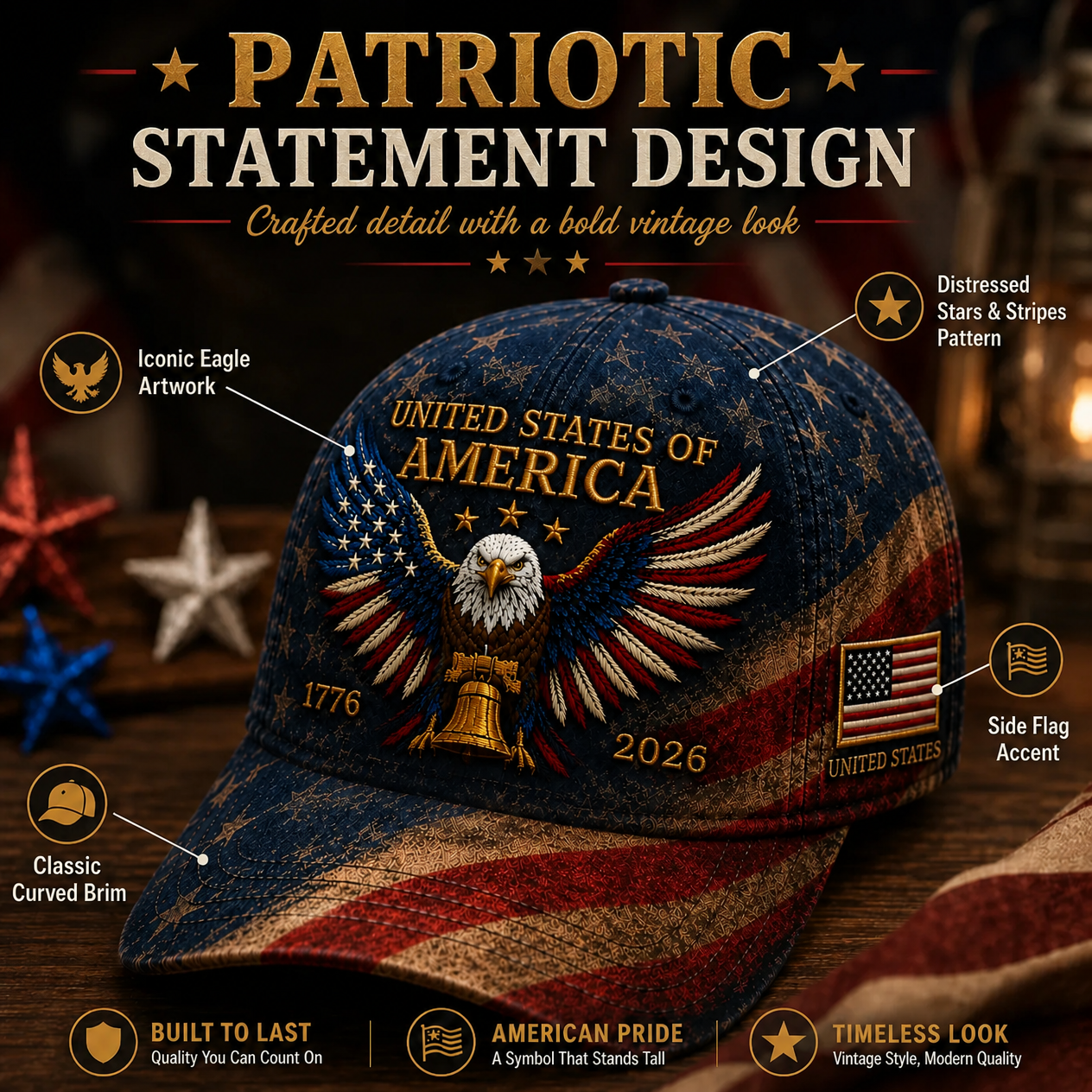 Premium Crafted USA Patriotic Eagle Cap