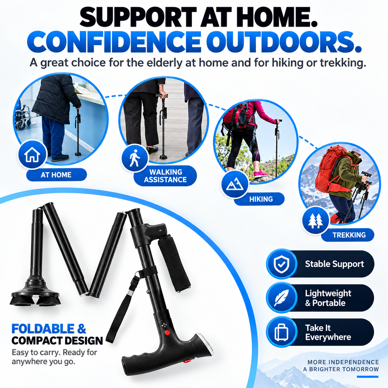 🦯💡 Multifunction Folding Walking Cane – Built-In Light, Emergency Alarm, Quad Base & 5-Level Height Adjustment✨