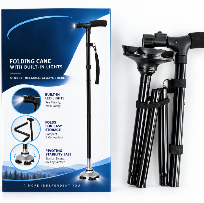 🦯💡 Multifunction Folding Walking Cane – Built-In Light, Emergency Alarm, Quad Base & 5-Level Height Adjustment✨