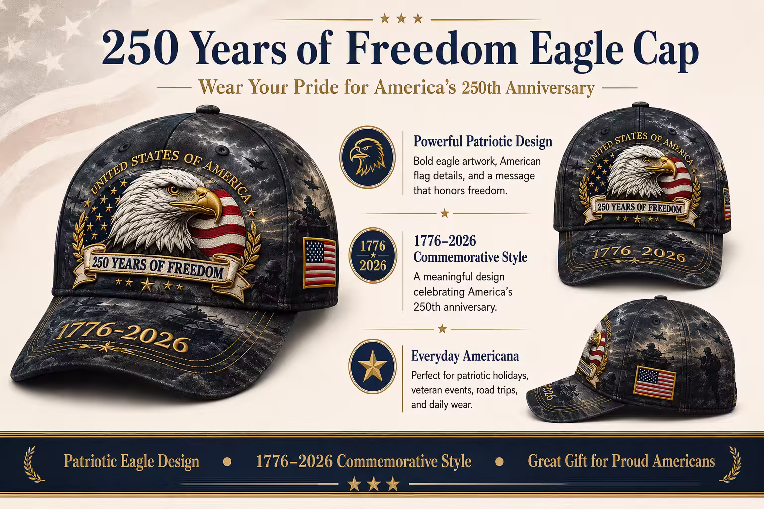 Printed Patriotic Vintage Baseball Hat – 1776–2026 American Tribute Edition