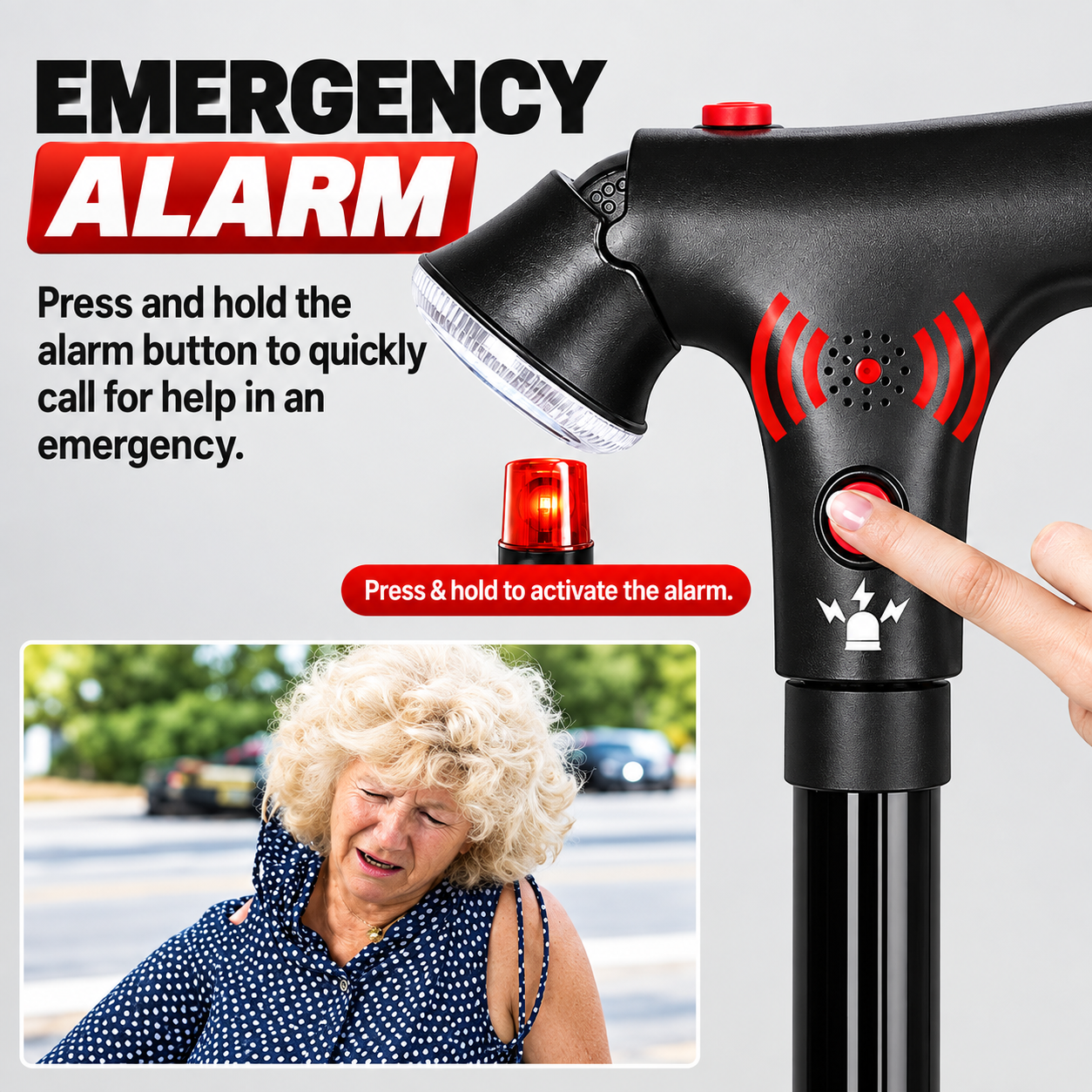 🦯💡 Multifunction Folding Walking Cane – Built-In Light, Emergency Alarm, Quad Base & 5-Level Height Adjustment✨