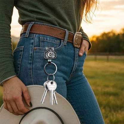Vintage Brass Initial Cow Tag Keychain for Belt Loop & Pocket Carry
