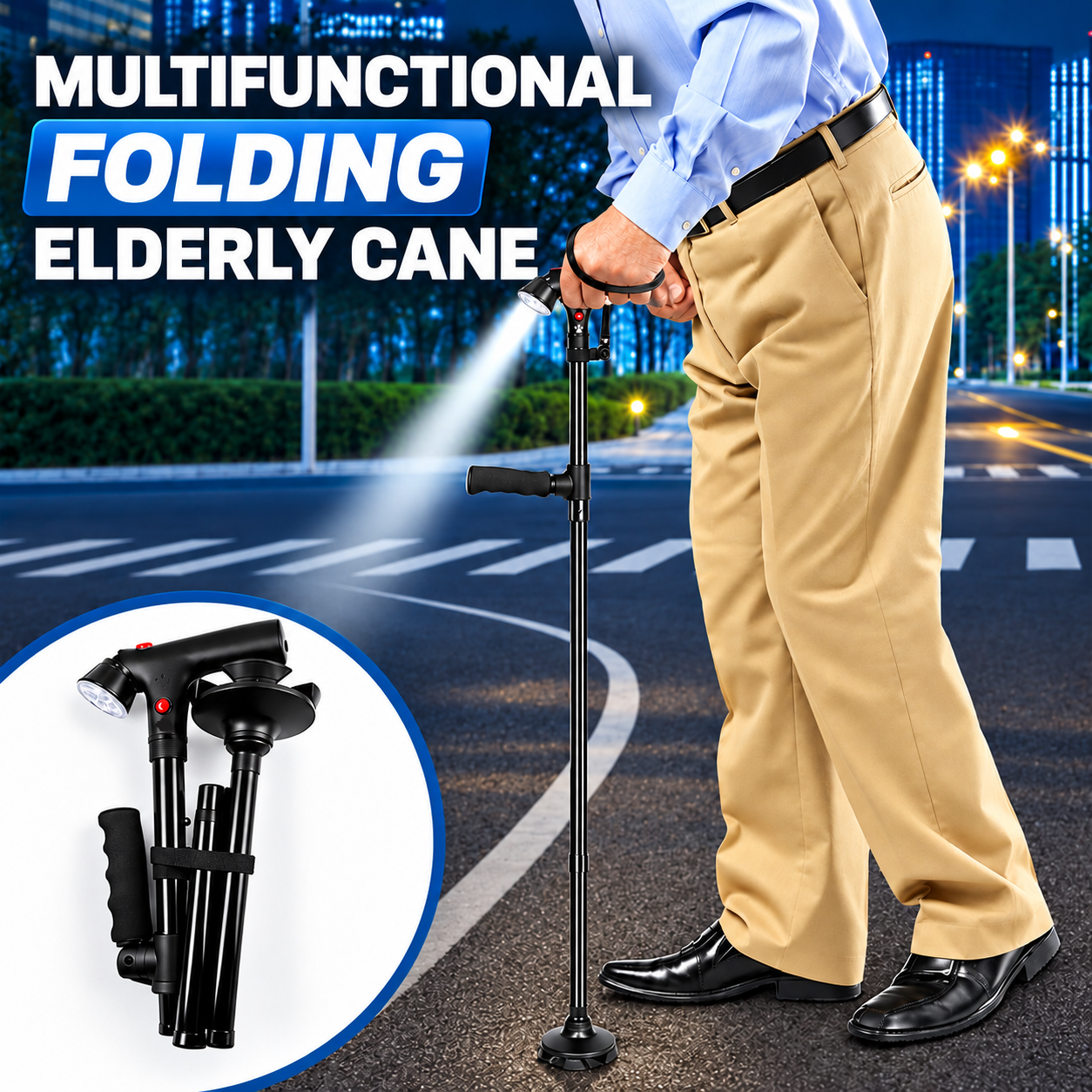 🦯💡 Multifunction Folding Walking Cane – Built-In Light, Emergency Alarm, Quad Base & 5-Level Height Adjustment✨