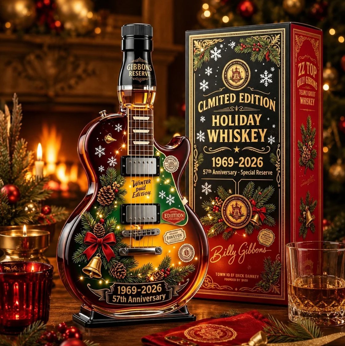 🎸Limited Edition Winter Reserve Design With 3D Guitar Shape, Amber Glow Finish & Festive Holiday Artwork 🥃✨