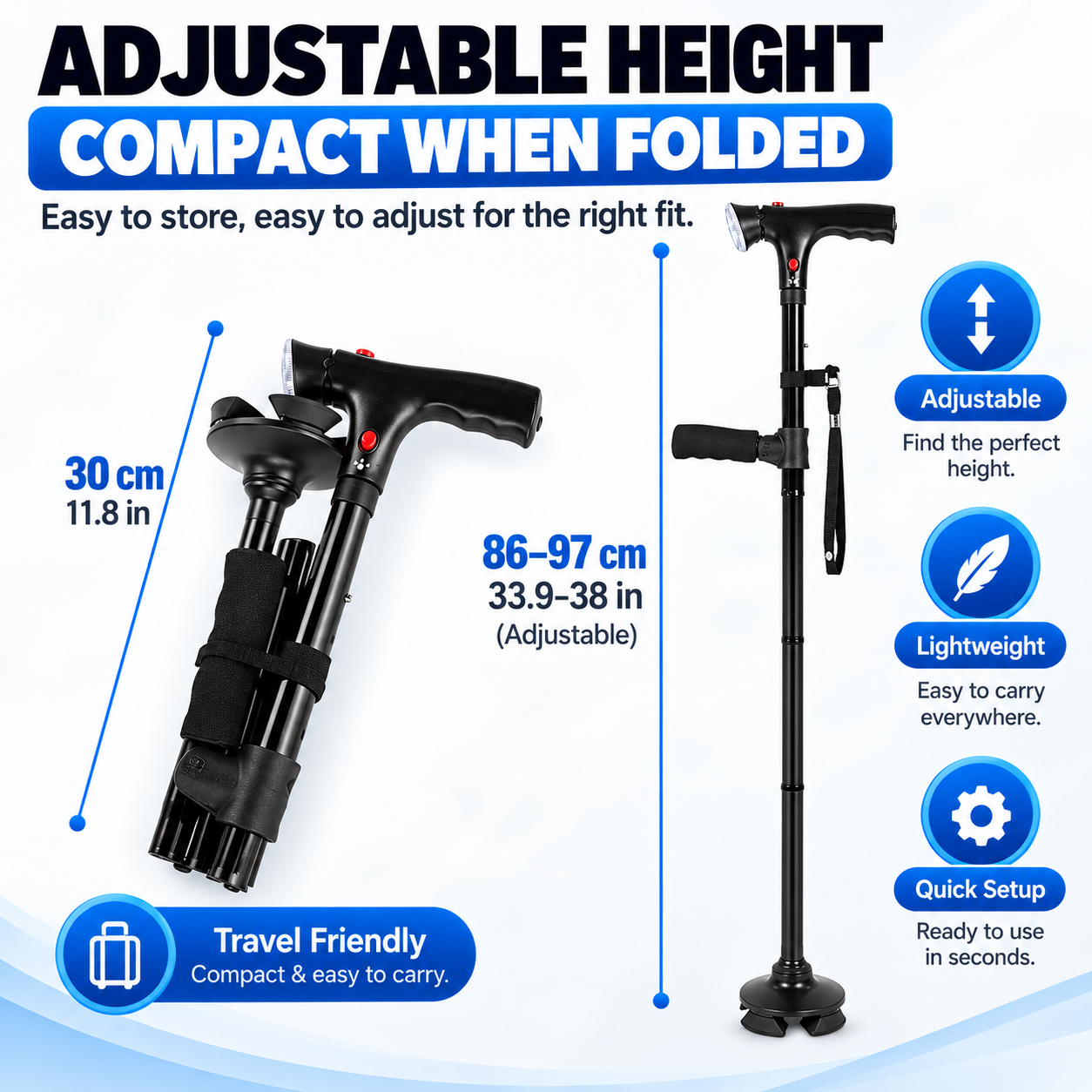 🦯💡 Multifunction Folding Walking Cane – Built-In Light, Emergency Alarm, Quad Base & 5-Level Height Adjustment✨