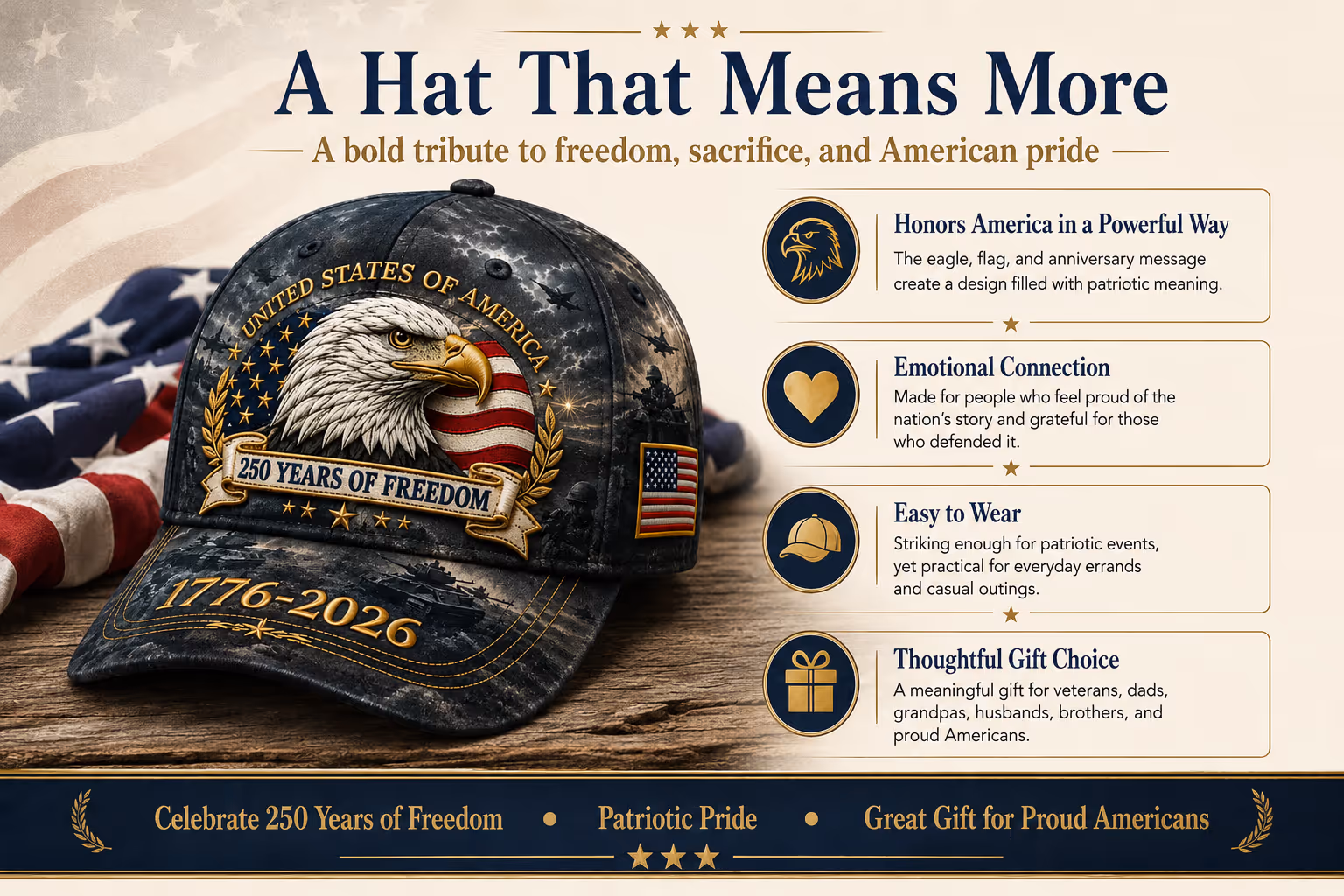 Printed Patriotic Vintage Baseball Hat – 1776–2026 American Tribute Edition