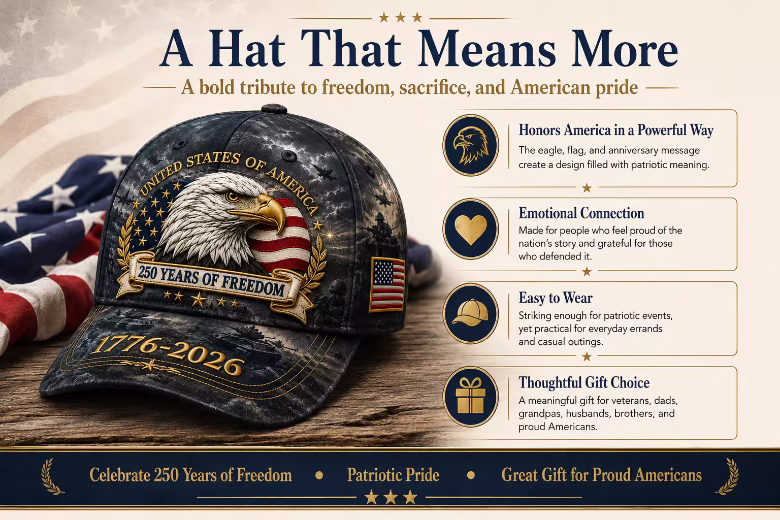 Printed Patriotic Vintage Baseball Hat – 1776–2026 American Tribute Edition