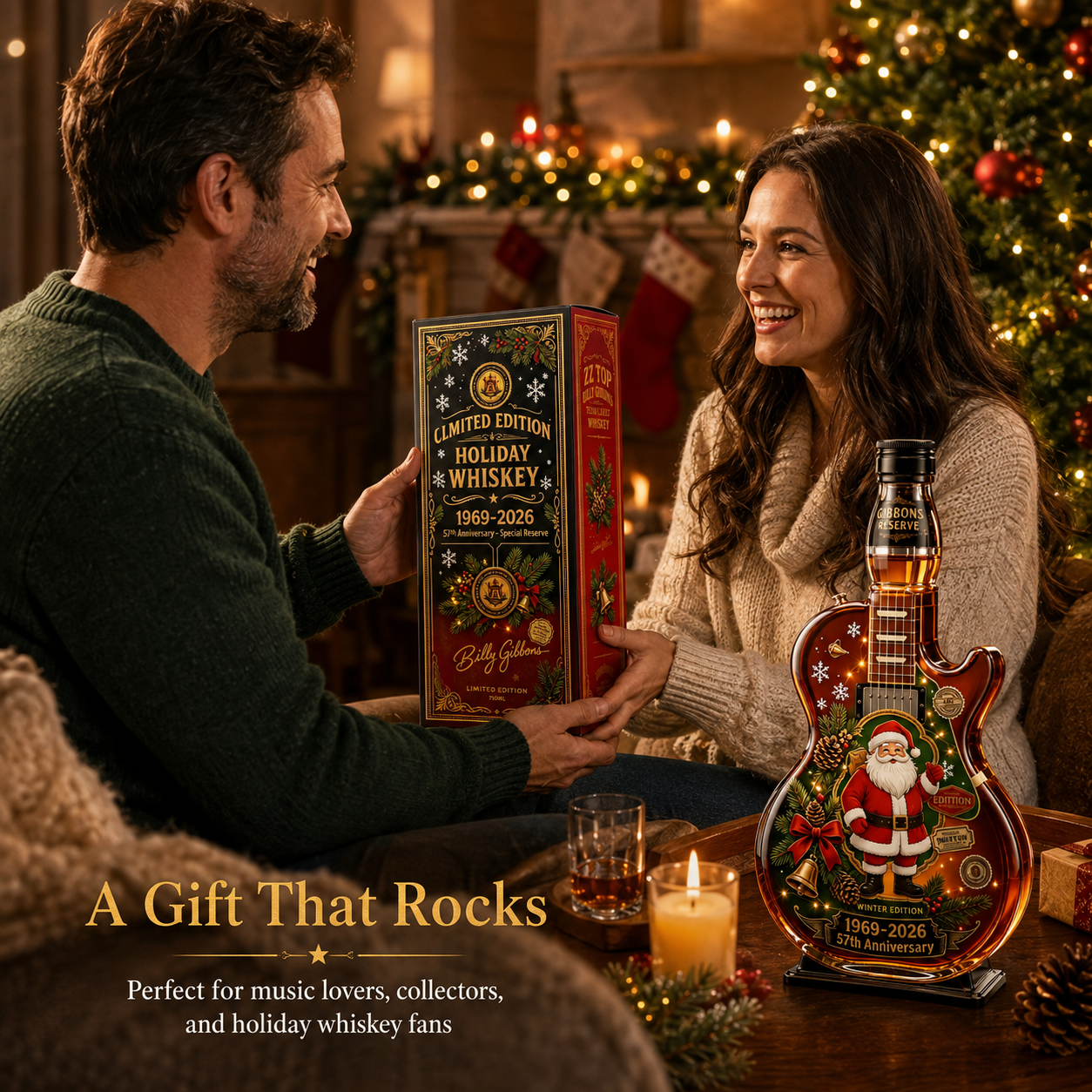 57th anniversary guitar whiskey decanter product specifications showing dimensions 26x16x8cm guitar silhouette and amber finish