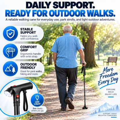 🦯💡 Multifunction Folding Walking Cane – Built-In Light, Emergency Alarm, Quad Base & 5-Level Height Adjustment✨