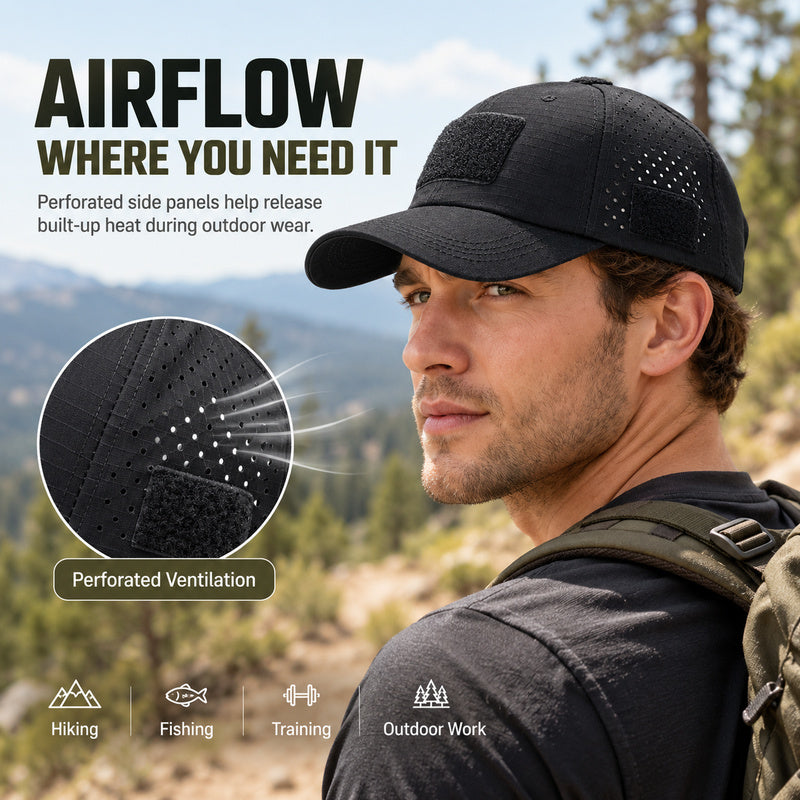Tactical Baseball Cap with Patch — Breathable Ripstop Hat, Adjustable Fit, Hook & Loop Panels.