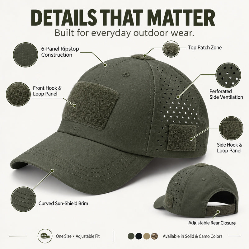 Details That Matter — 6-Panel Ripstop Perforated Ventilation Hook Loop Panels Curved Brim