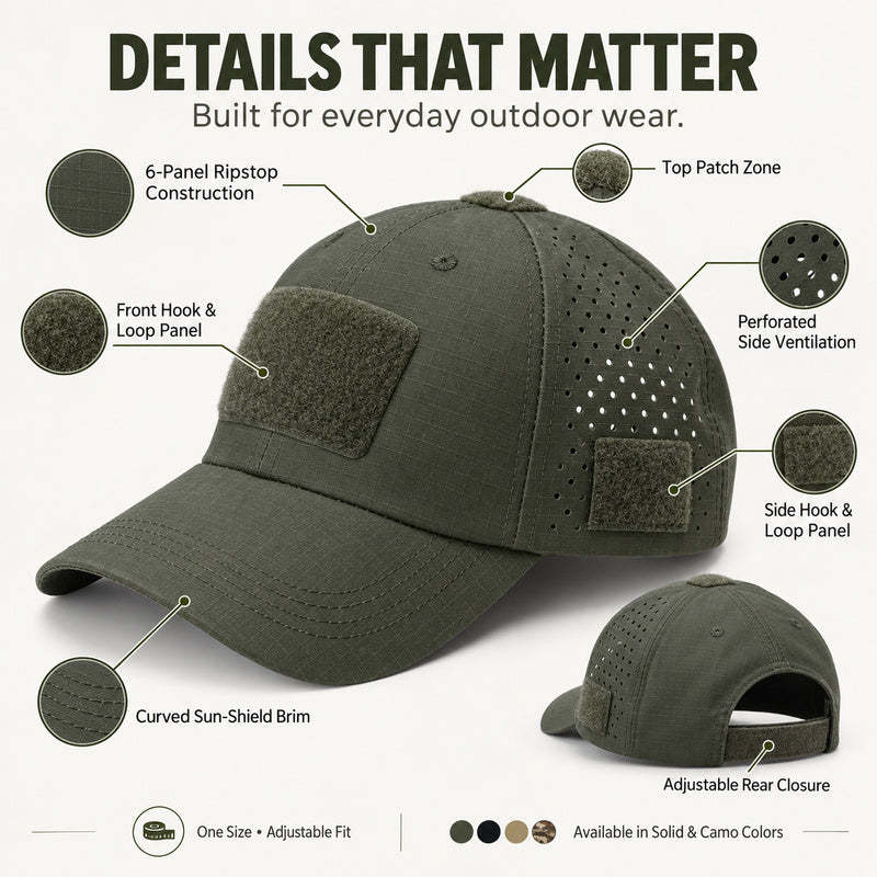 Tactical Baseball Cap with Patch — Breathable Ripstop Hat, Adjustable Fit, Hook & Loop Panels.