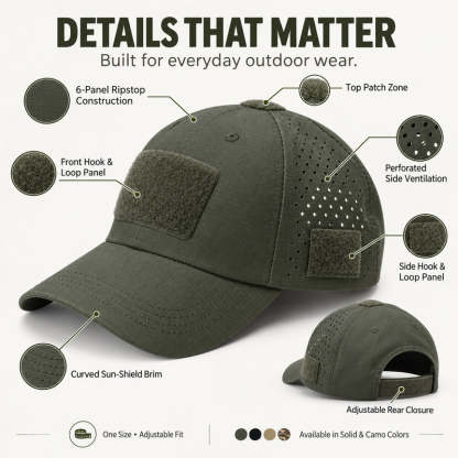 Tactical Baseball Cap with Patch — Breathable Ripstop Hat, Adjustable Fit, Hook & Loop Panels.