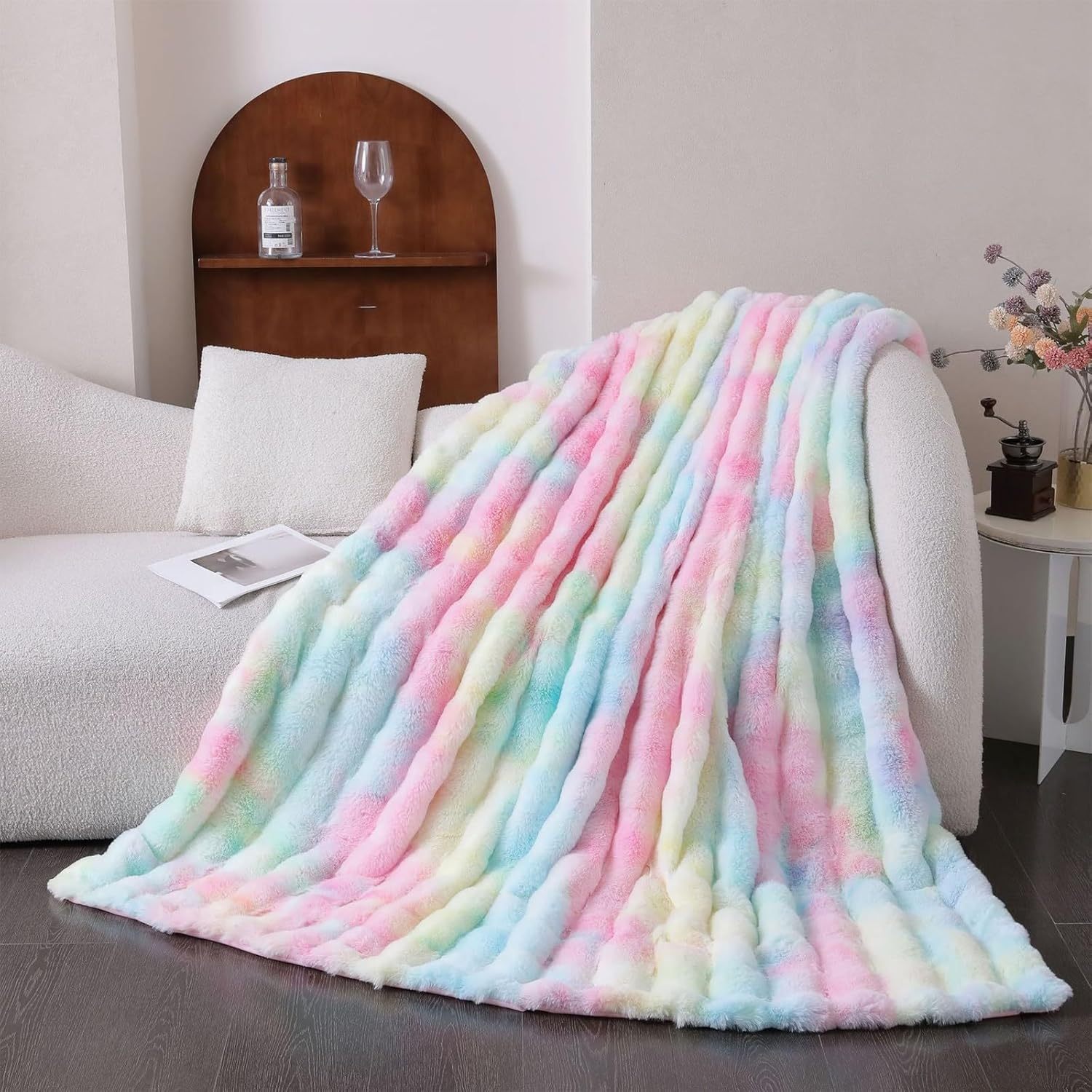 Fuzzy Faux Fur Throw Blanket, Warm Cozy Plush Fluffy Blankets, Colorfu