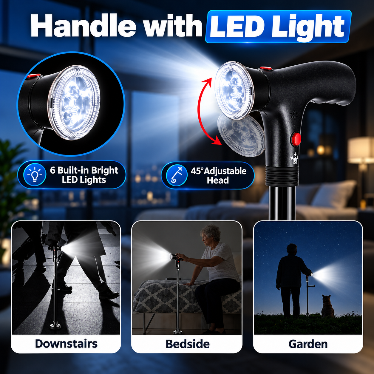 🦯💡 Multifunction Folding Walking Cane – Built-In Light, Emergency Alarm, Quad Base & 5-Level Height Adjustment✨