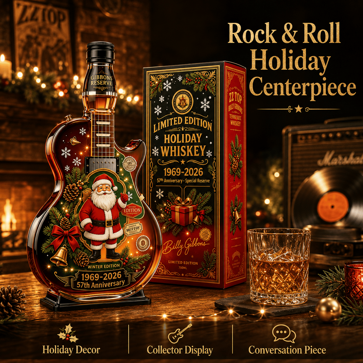 🎸Limited Edition Winter Reserve Design With 3D Guitar Shape, Amber Glow Finish & Festive Holiday Artwork 🥃✨