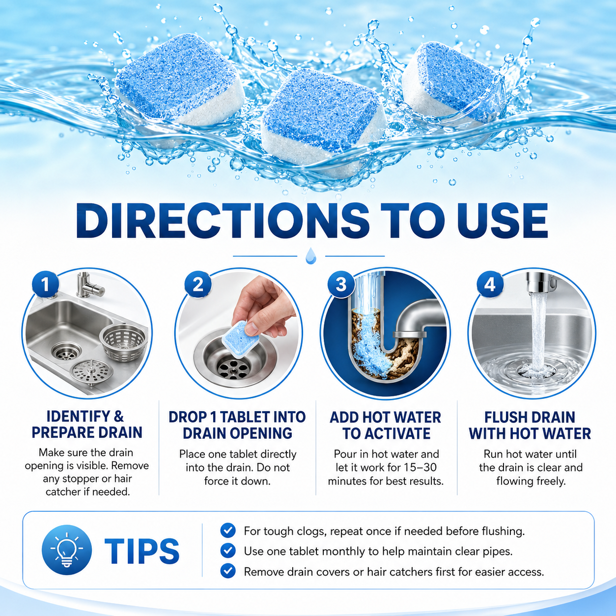 Drain Cleaning Tablets for Sinks, Showers & Washing Machines