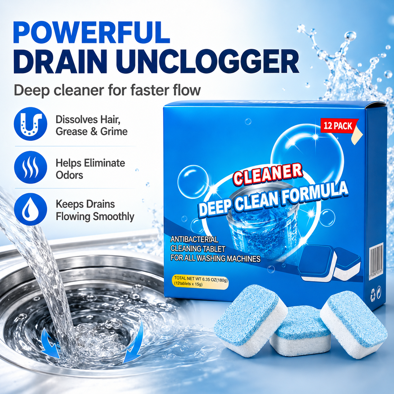 Drain Cleaning Tablets for Sinks, Showers & Washing Machines