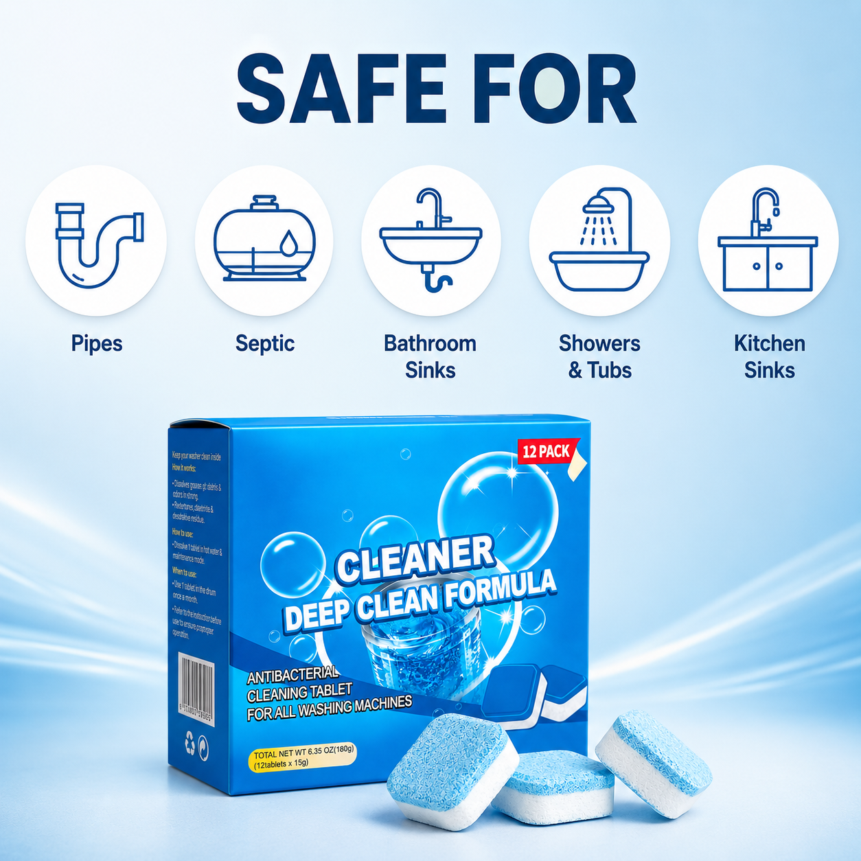 Drain Cleaning Tablets for Sinks, Showers & Washing Machines