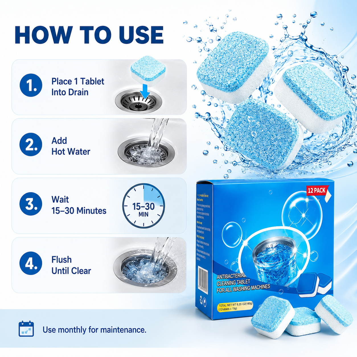Drain Cleaning Tablets for Sinks, Showers & Washing Machines