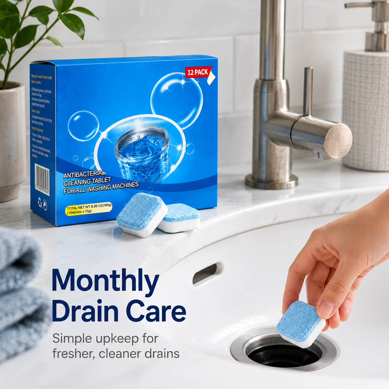Drain Cleaning Tablets for Sinks, Showers & Washing Machines