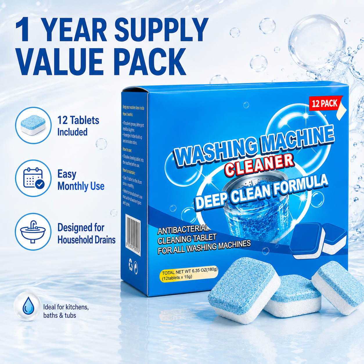 Drain Cleaning Tablets for Sinks, Showers & Washing Machines