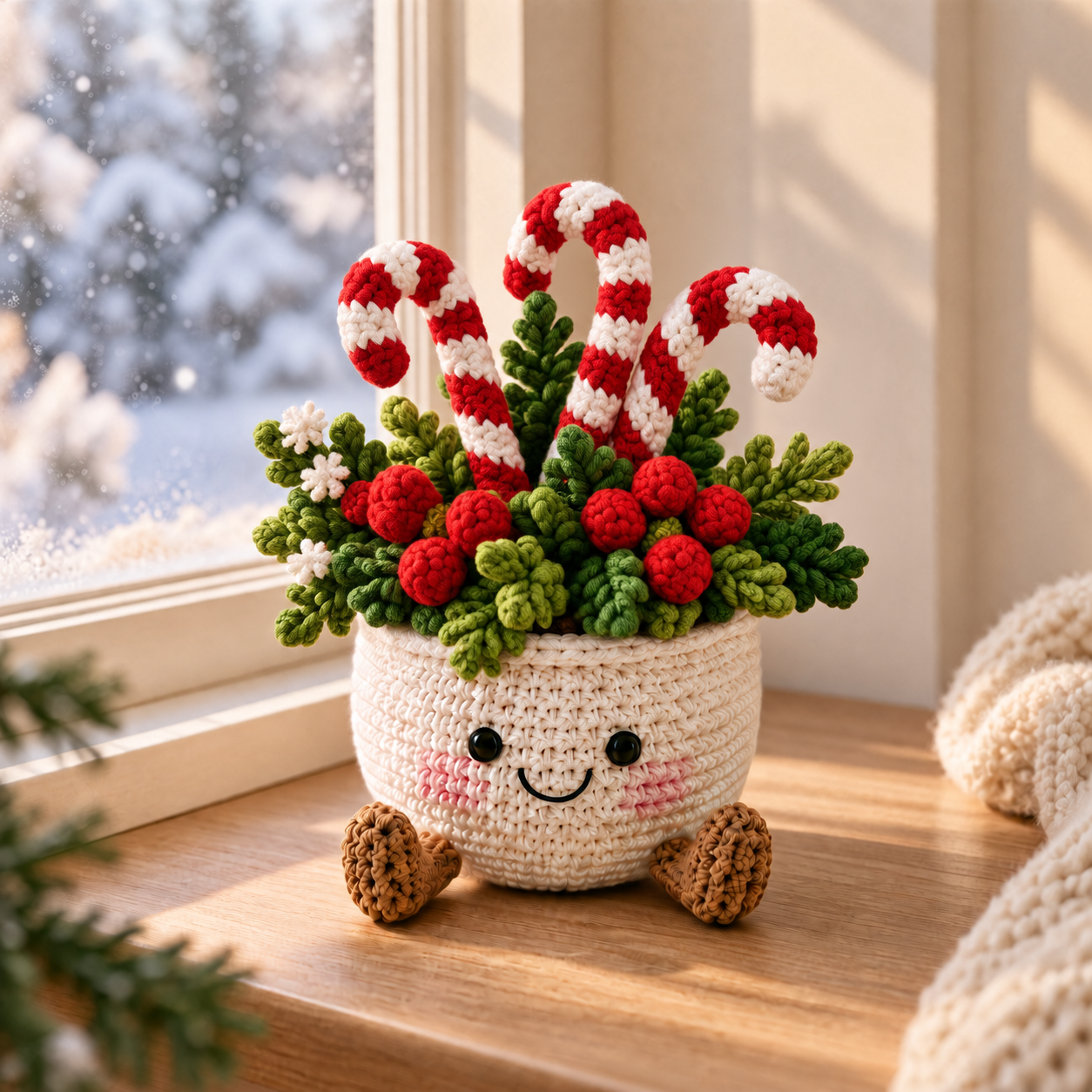 Handmade Crochet Christmas Plant Pot – Cute Holiday Decor with Christmas Tree, Poinsettia, Candy Cane & Snowman
