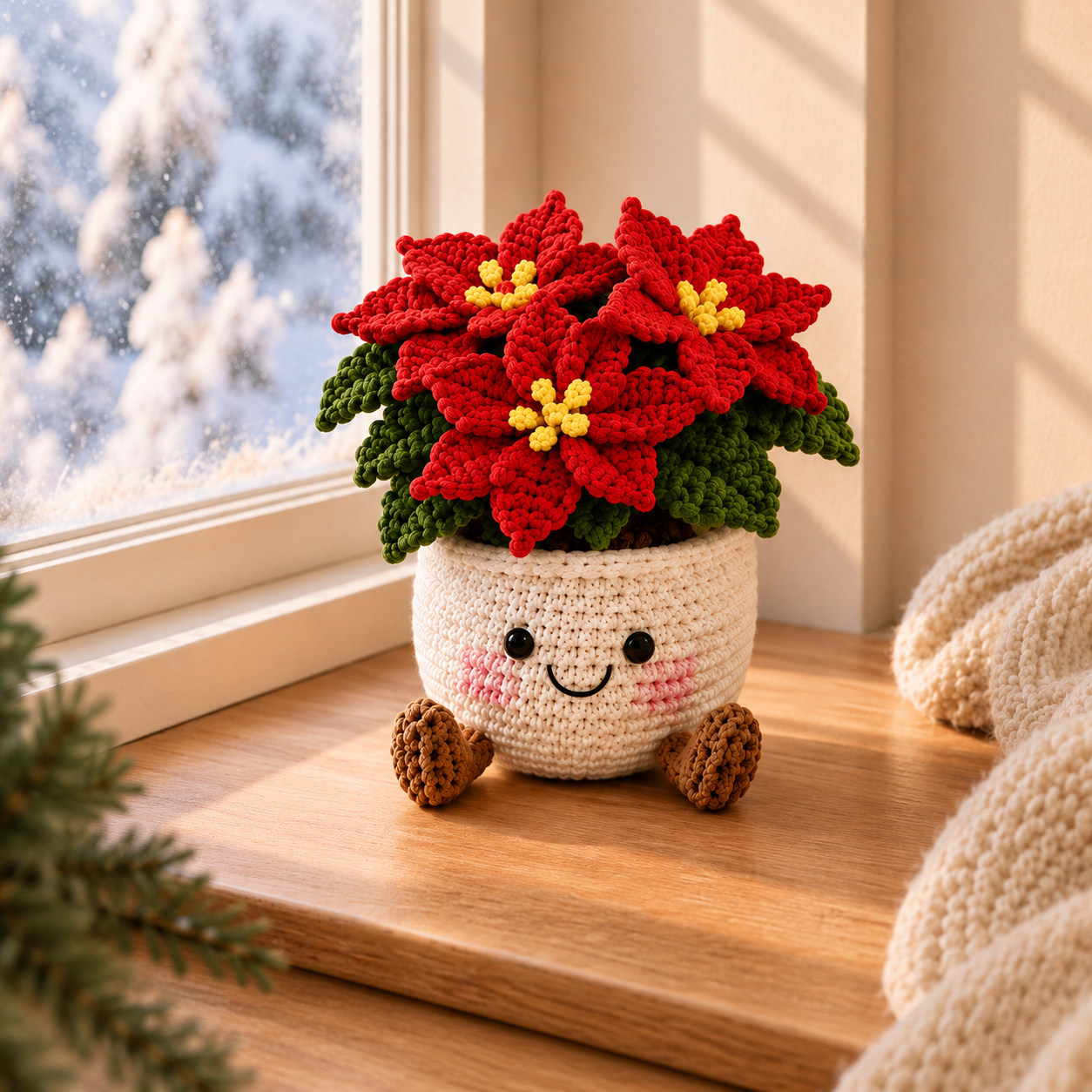 Handmade Crochet Christmas Plant Pot – Cute Holiday Decor with Christmas Tree, Poinsettia, Candy Cane & Snowman