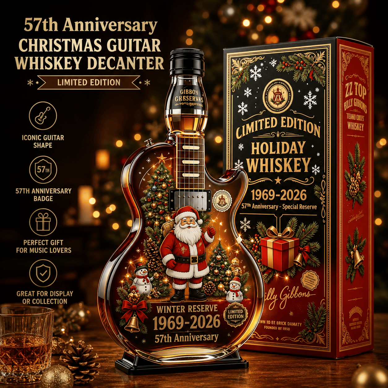 🎸Limited Edition Winter Reserve Design With 3D Guitar Shape, Amber Glow Finish & Festive Holiday Artwork 🥃✨