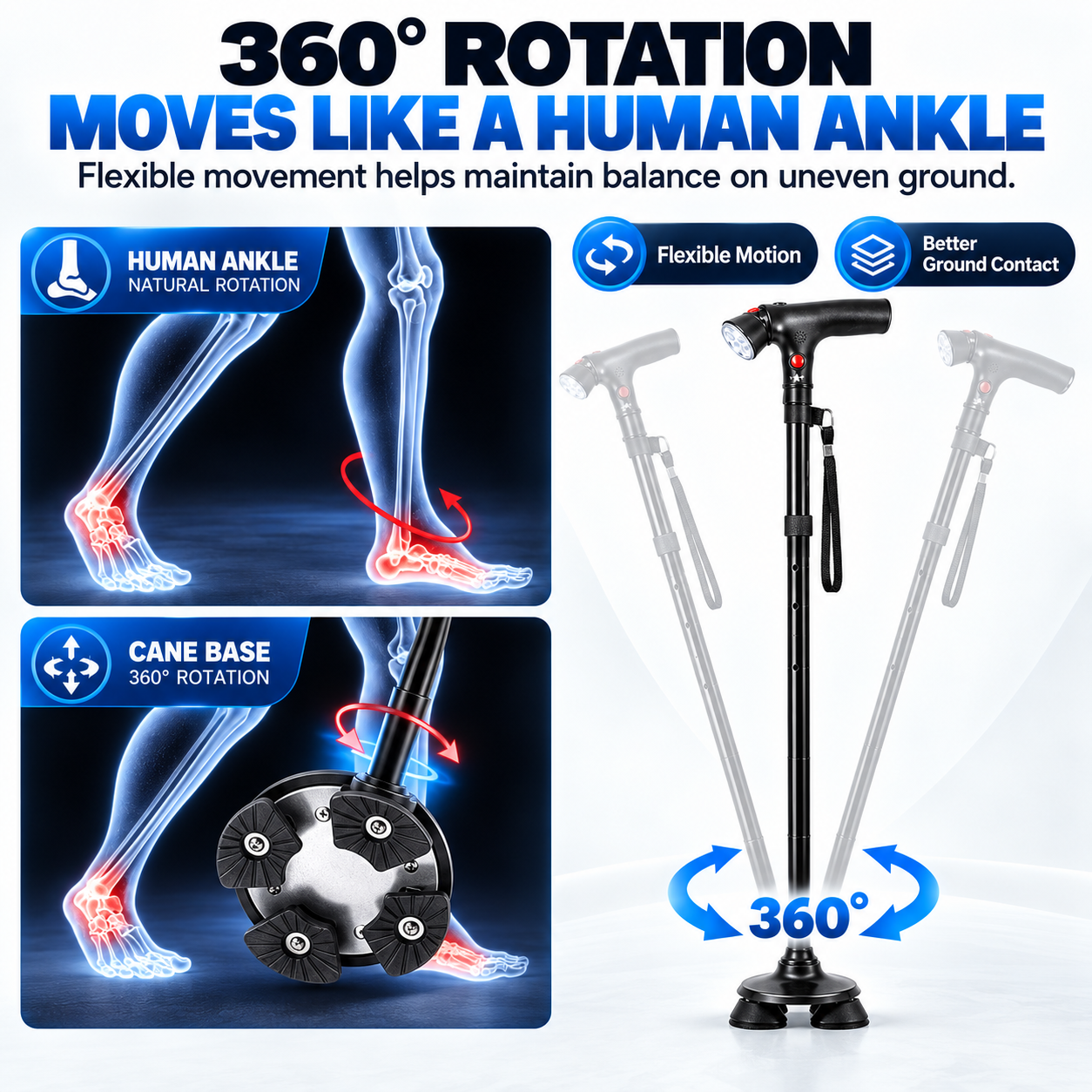 🦯💡 Multifunction Folding Walking Cane – Built-In Light, Emergency Alarm, Quad Base & 5-Level Height Adjustment✨