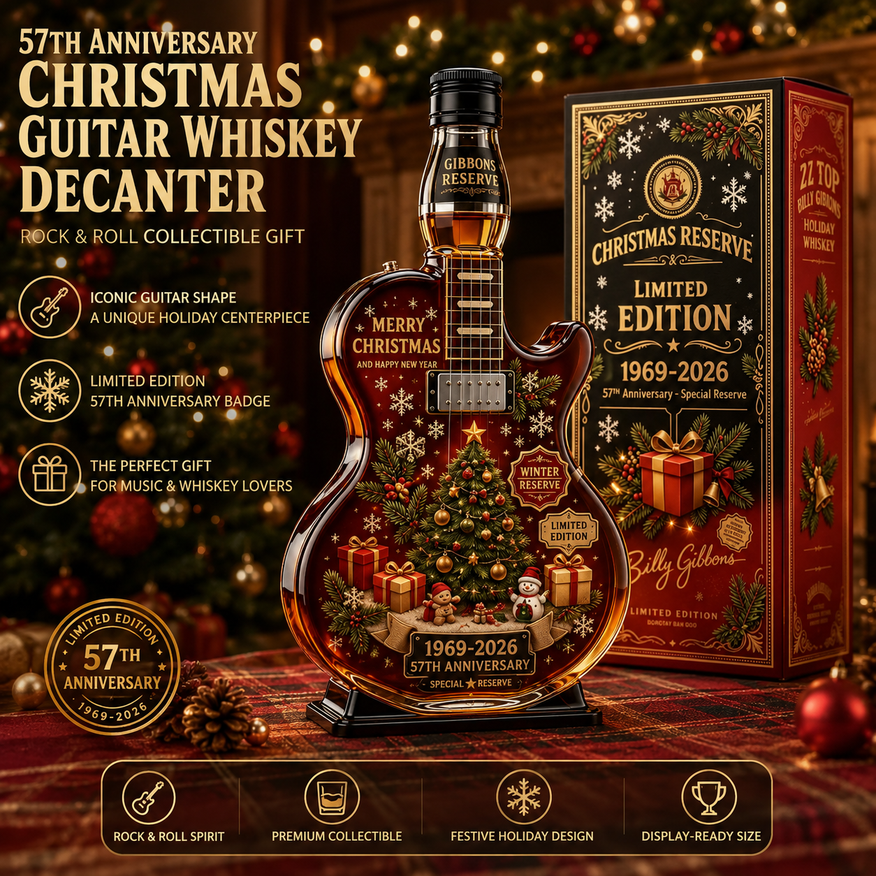 Guitar silhouette whiskey decanter with reflective amber hues and retro 1969-2026 Winter Reserve printed labels